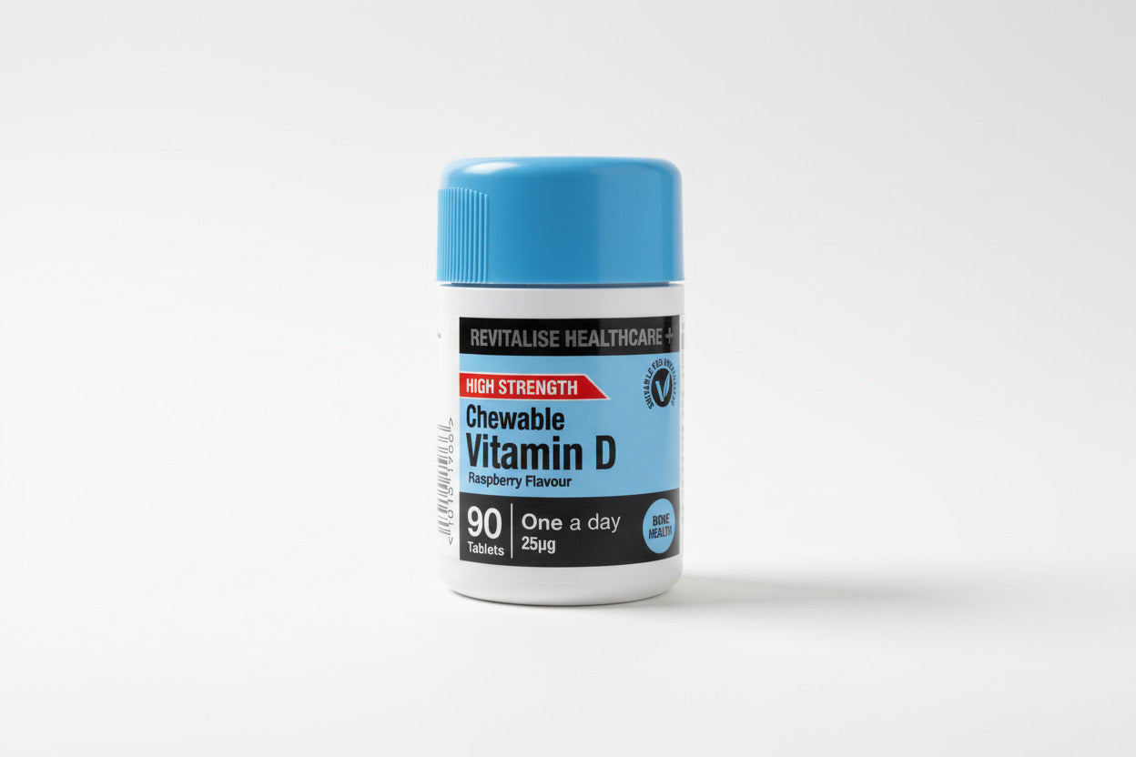 Bottle of Revitalise Healthcare Chewable Vitamin D on a beige surface