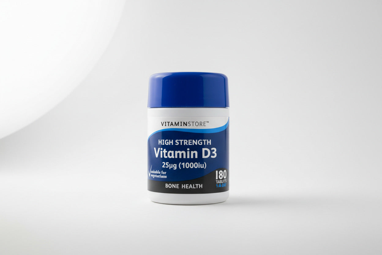 Vitamin D3 supplement bottle with blue and white label on a beige background