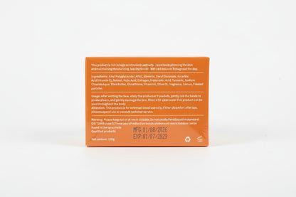 Product packaging with text on a white surface
