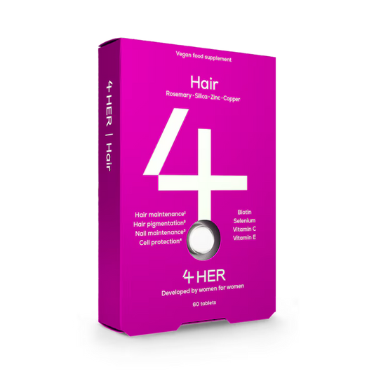 4HER Hair Food is a well-rounded, vegan-friendly supplement crafted to nourish hair and nails from the inside out. With quality actives like millet and rosemary extracts, copper for color, and key vitamins for cell protection, it's designed for anyone seeking visible improvements in hair strength, density, and shine.