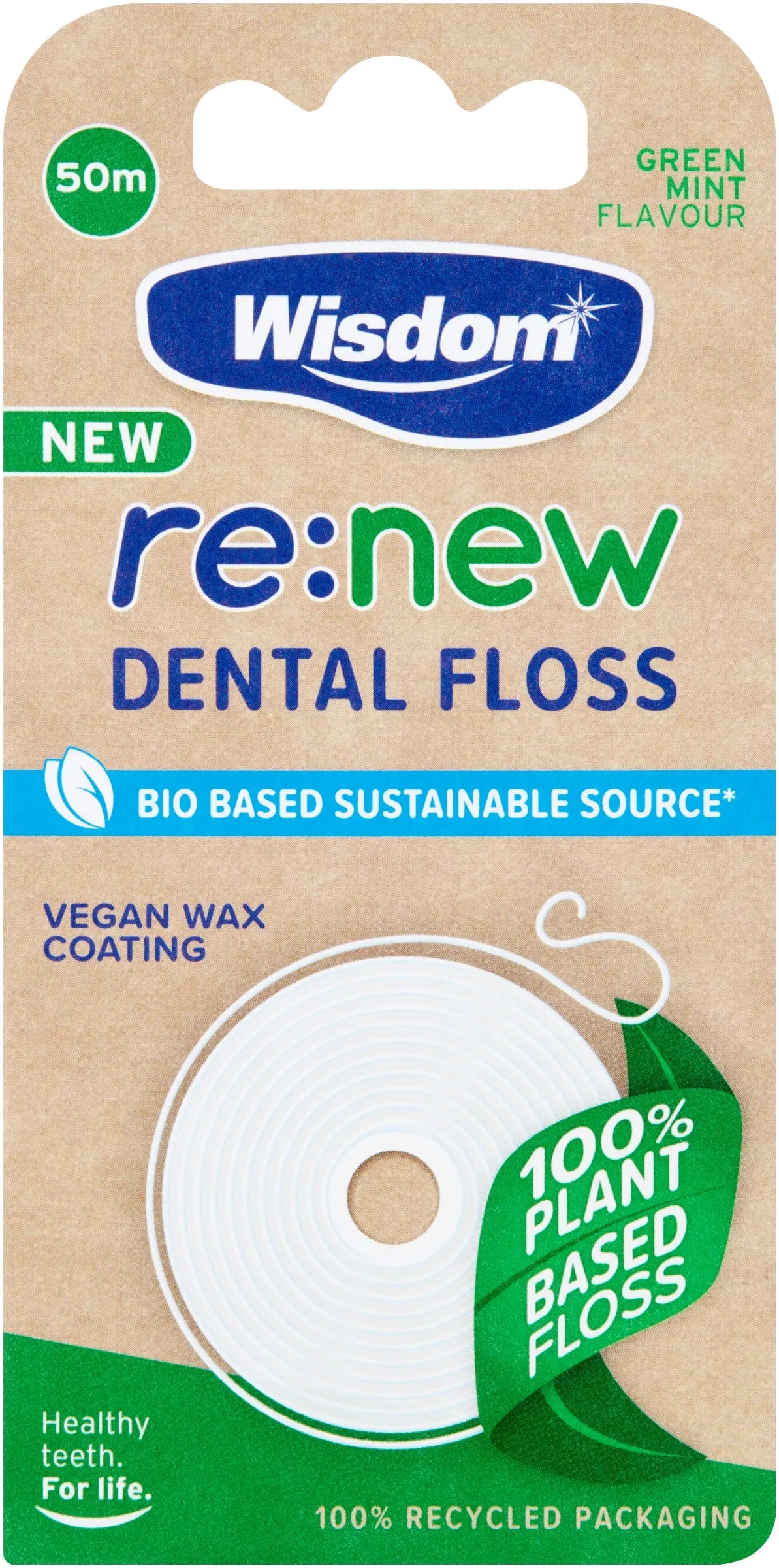Wisdom re:new dental floss. Bio-based sustainable source