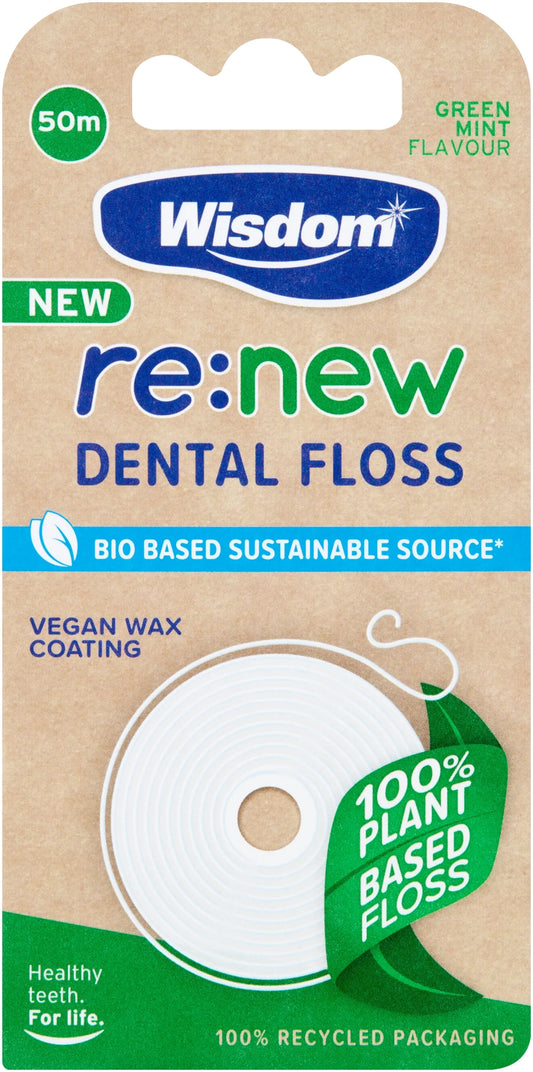 Wisdom re:new dental floss. Bio-based sustainable source