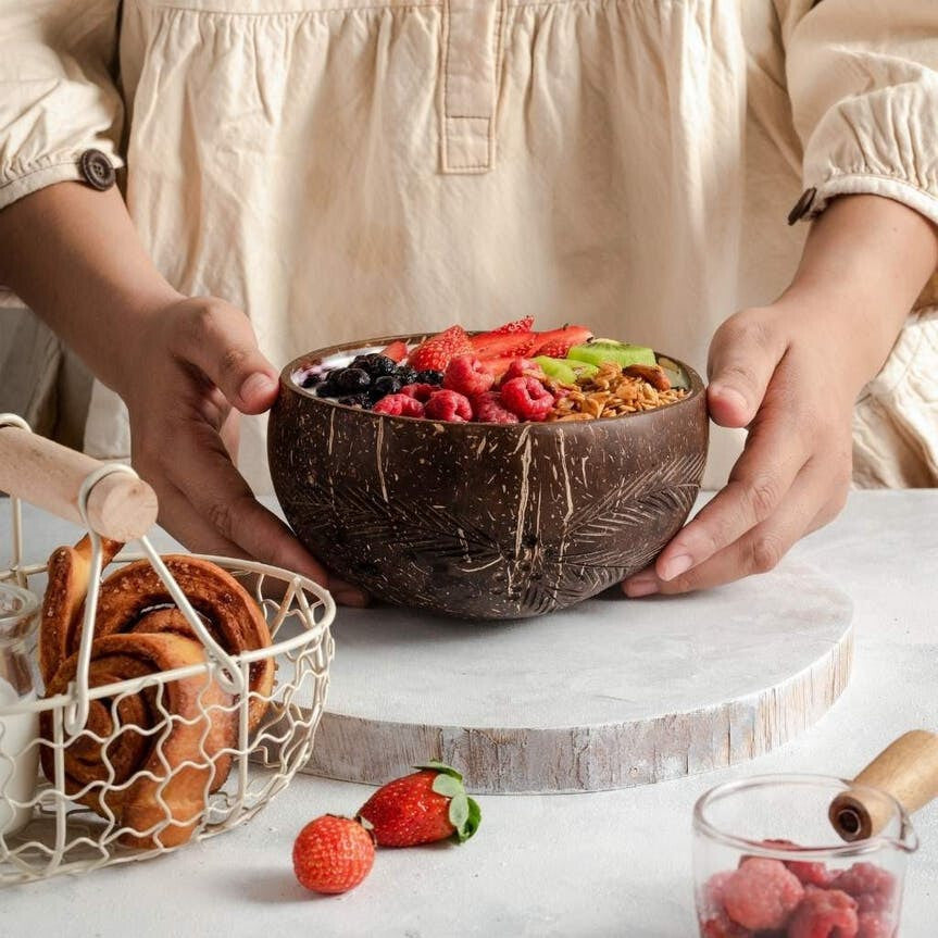 100% Natural Coconut Shell Bowl and Spoon Set (Leaf Pattern)