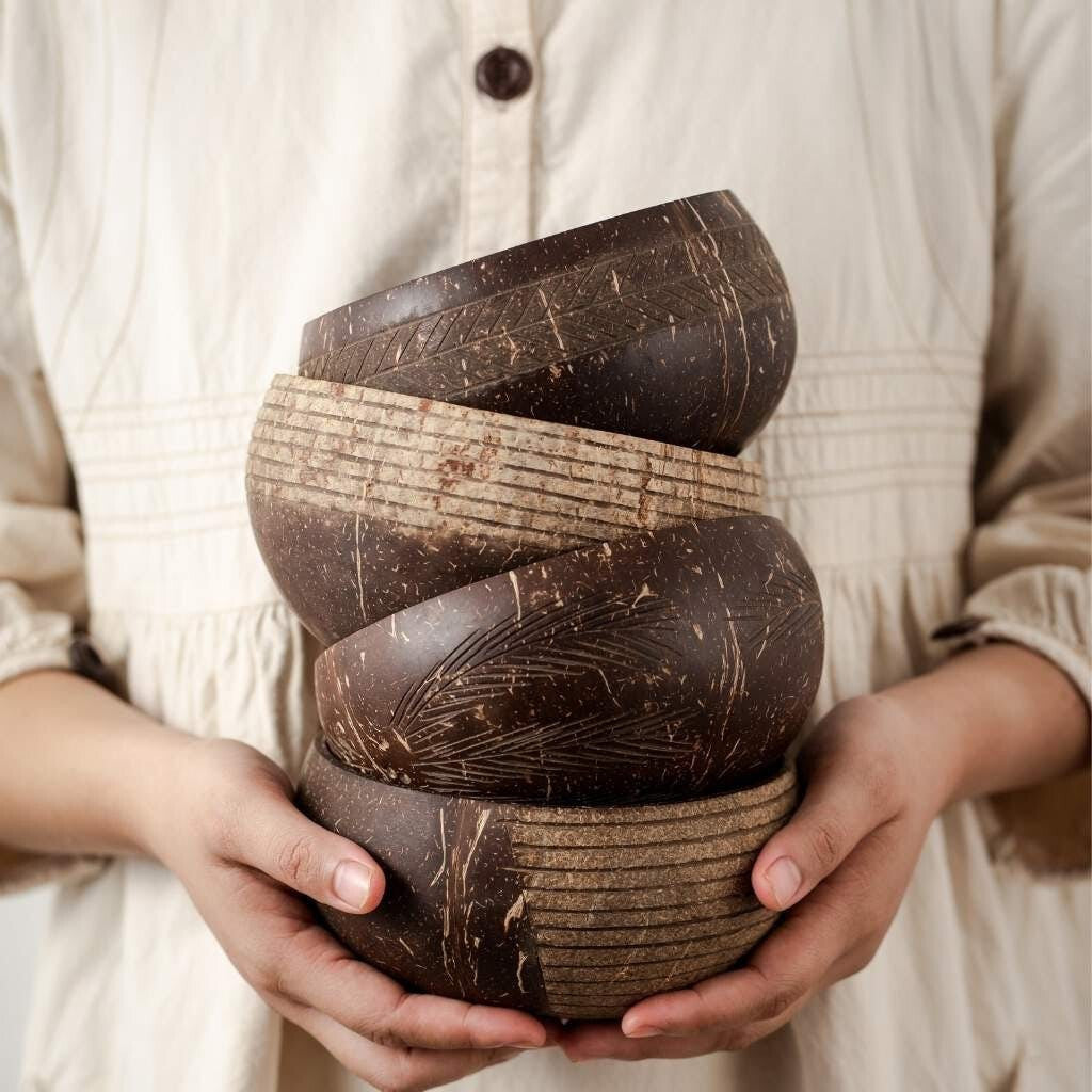 100% Natural Coconut Shell Bowl and Spoon Set (Leaf Pattern)