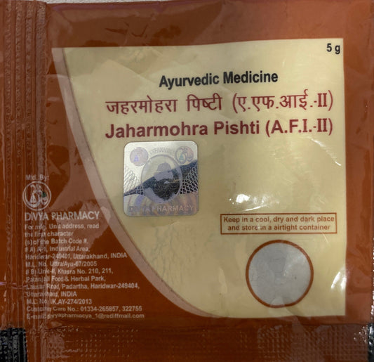 Jaharmohra Pishti 5 grams   help in relieving symptoms of mental stress or confusion due to excessive heat in the body. Dosage: