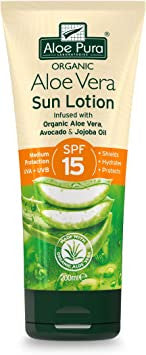 Aloe Pura, Organic Aloe Vera Sun Lotion SPF 15, Natural, Vegan, Cruelty Free, Paraben & SLS Free, Long-Lasting Shield, Medium Protection, 200ml