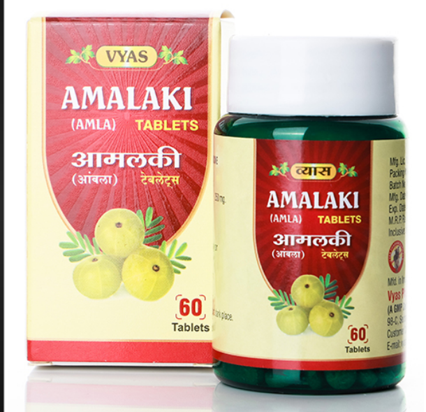 Vyas Amalaki (Amla) Tablets packaging and bottle on a white background