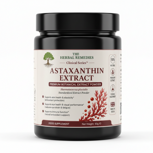 Label of Astaxanthin Extract powder with botanical illustration and text.