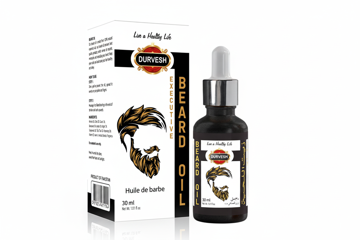 Durvesh Executive Beard Oil bottle and packaging on a white background
