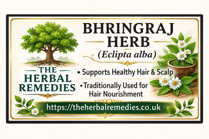 Advertisement for Bhringraj Herb with tree and plants on a white background