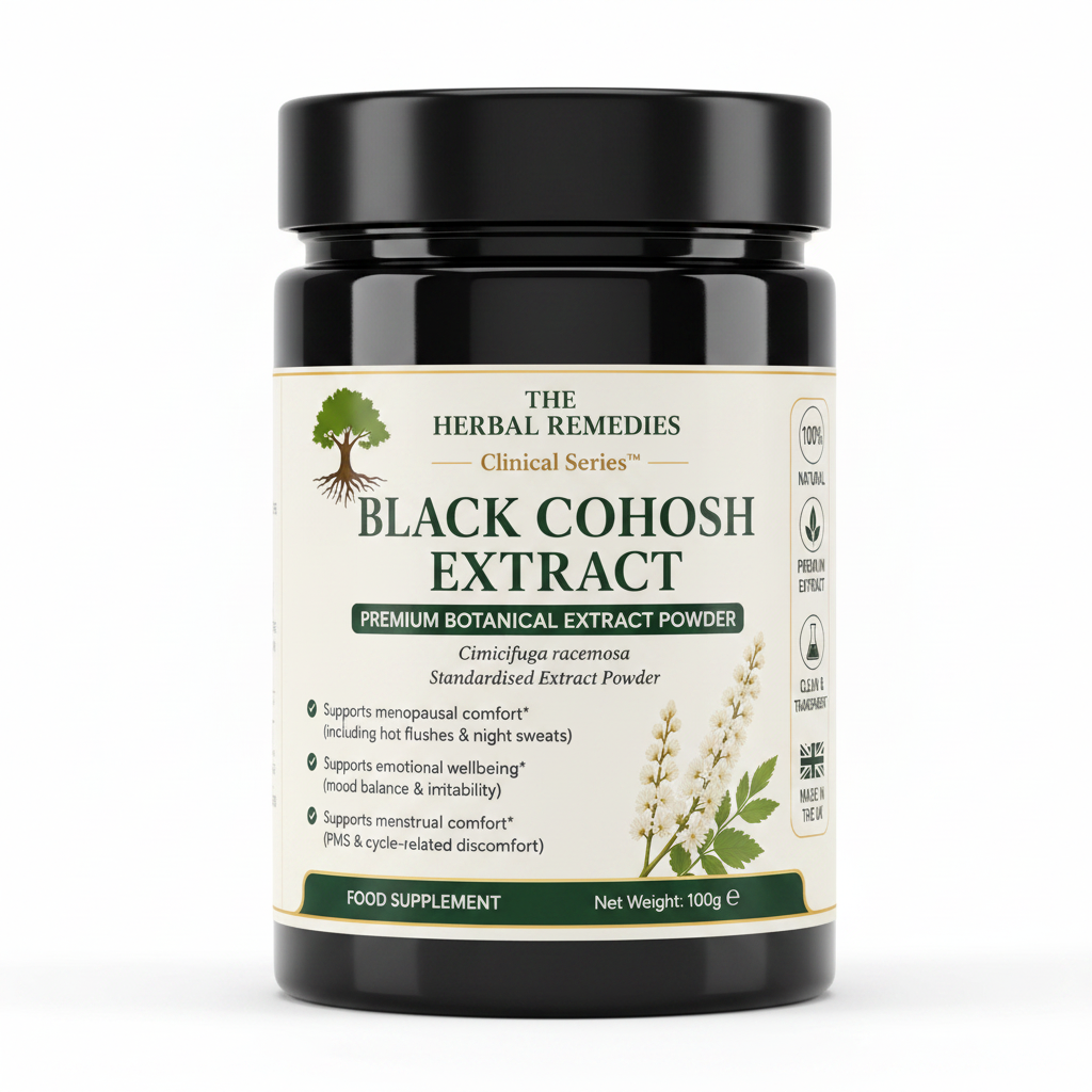 Label of Black Cohosh Extract by The Herbal Remedies with botanical illustration and text.