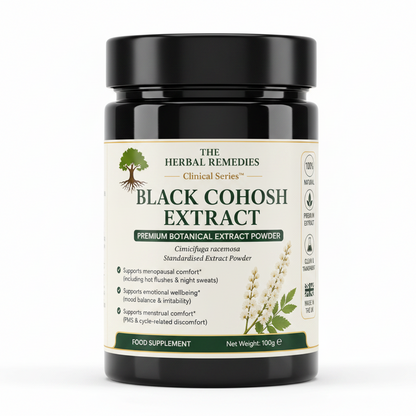 Label of Black Cohosh Extract by The Herbal Remedies with botanical illustration and text.