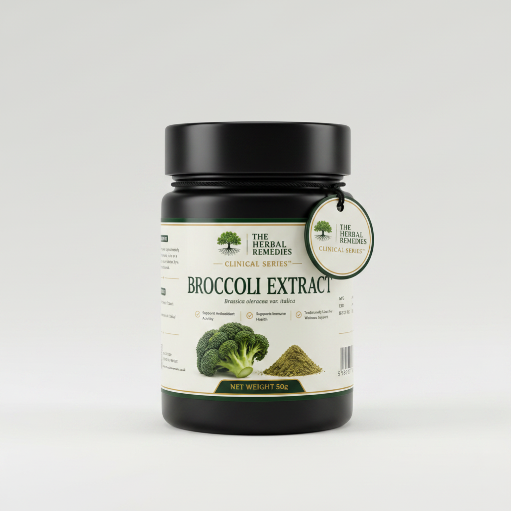 Label of Broccoli Extract from The Herbal Remedies Clinical Series with broccoli image and text.
