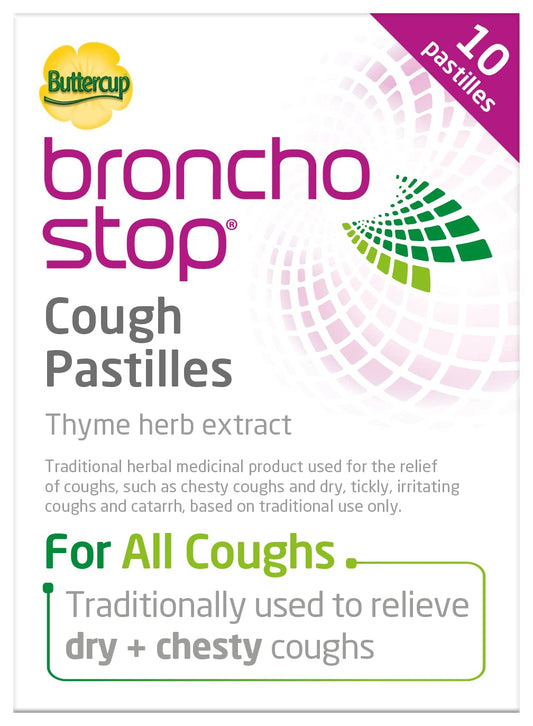 BronchoStop Cough Pastilles with Thyme Herb Extract are a traditional herbal remedy designed to alleviate both dry and chesty coughs. These lozenges combine thyme extract with marshmallow root to provide dual-action relief: