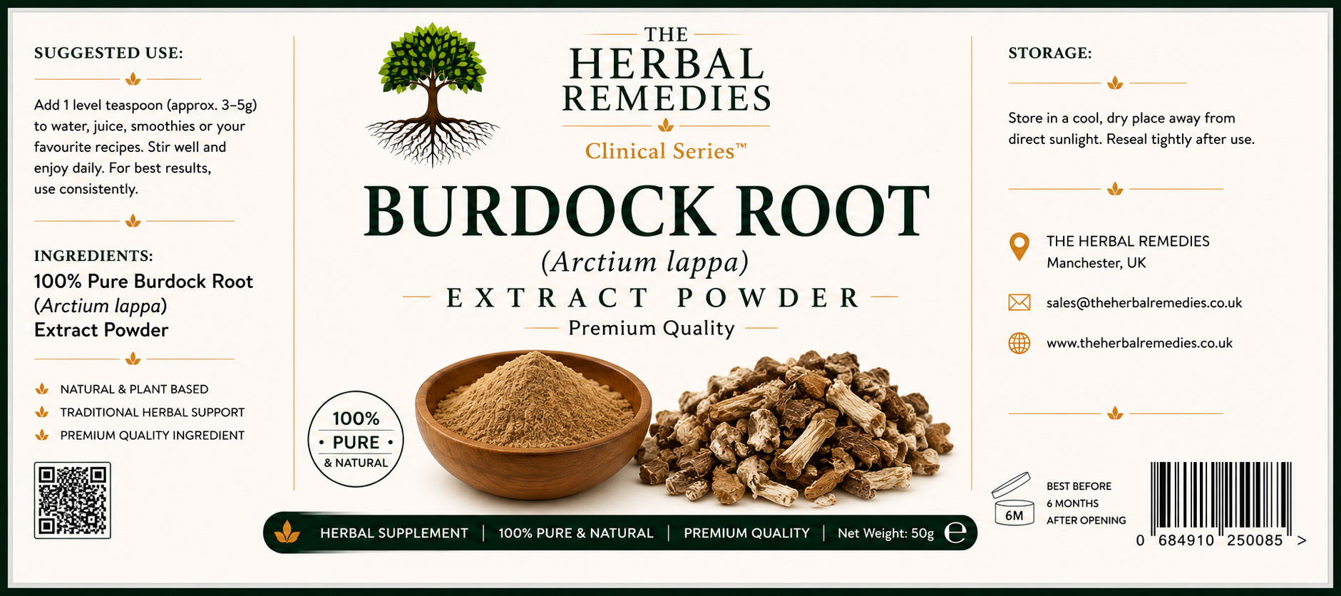 Label of Burdock Root extract powder from The Herbal Remedies Clinical Series
