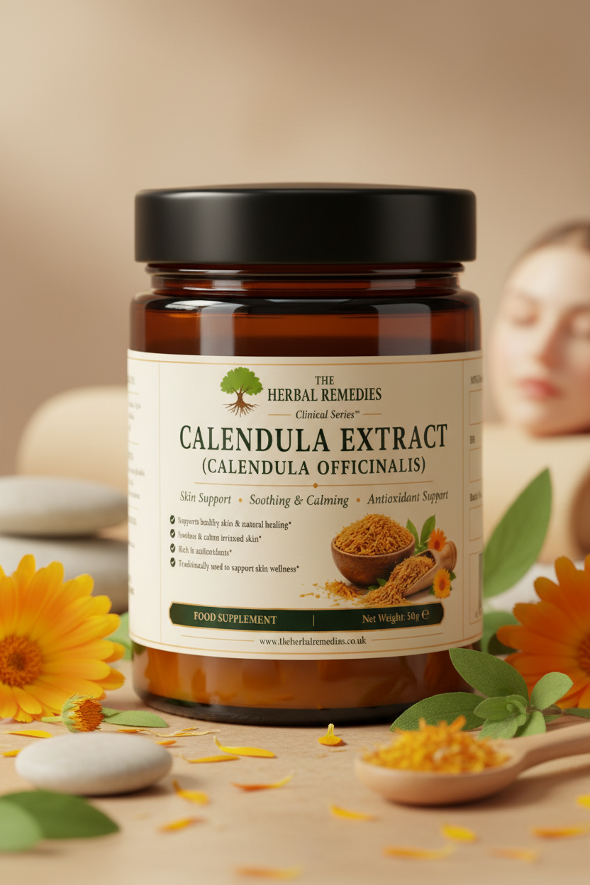 Premium Calendula Extract traditionally used to support healthy skin, immune function, digestive wellbeing and antioxidant protection.