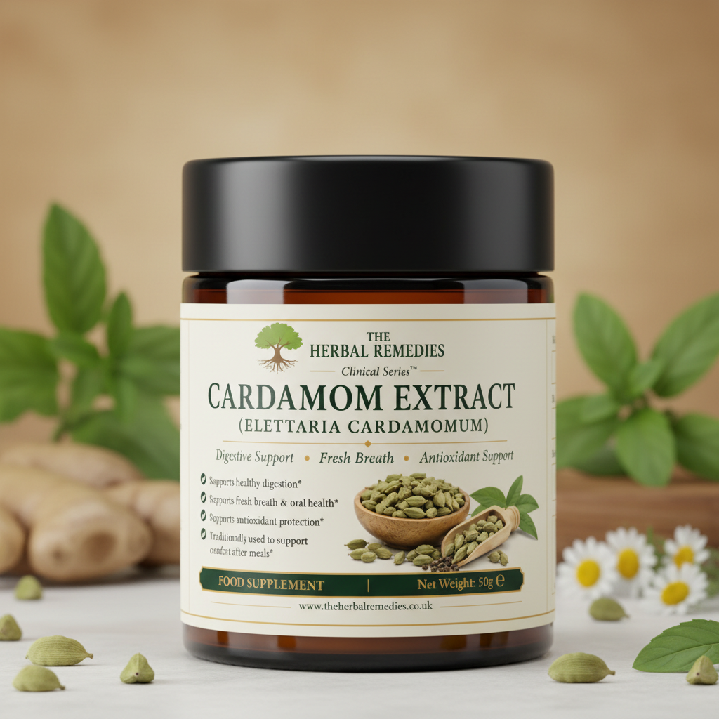Premium Cardamom (Elettaria cardamomum) Extract, traditionally valued for digestive wellness, freshness and everyday wellbeing with naturally occurring antioxidants.