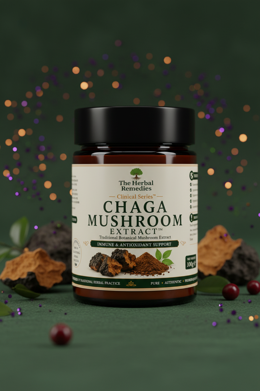 Premium Chaga Mushroom Extract (Inonotus obliquus), naturally containing beta-glucans, polysaccharides and antioxidants for immune wellness and everyday vitality.