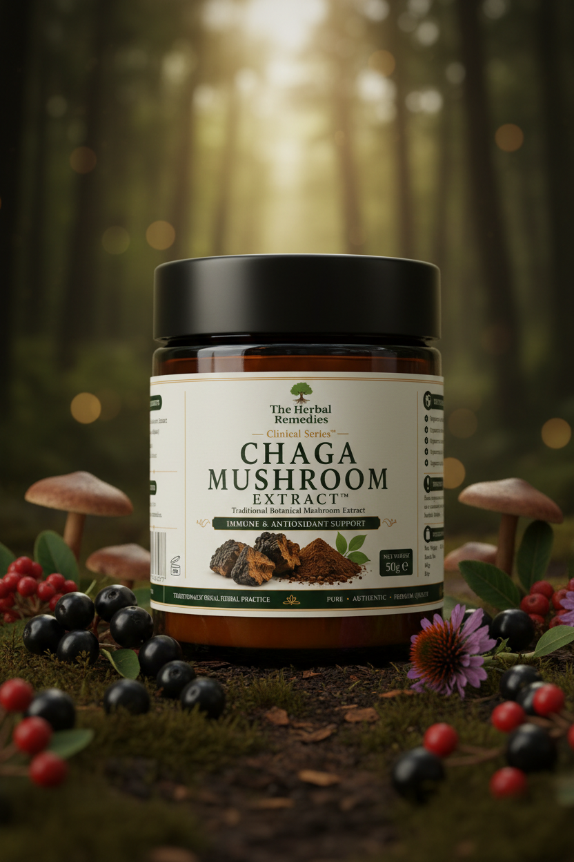 Premium Chaga Mushroom Extract (Inonotus obliquus), naturally containing beta-glucans, polysaccharides and antioxidants for immune wellness and everyday vitality.