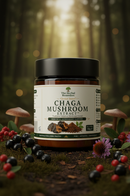 Premium Chaga Mushroom Extract (Inonotus obliquus), naturally containing beta-glucans, polysaccharides and antioxidants for immune wellness and everyday vitality.