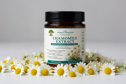 Premium chamomile extract traditionally used to support relaxation, digestive comfort and daily wellness balance.