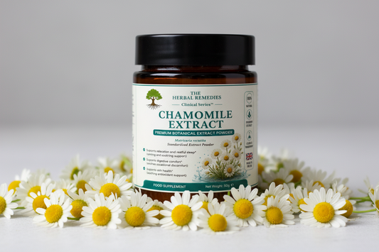 Premium chamomile extract traditionally used to support relaxation, digestive comfort and daily wellness balance.
