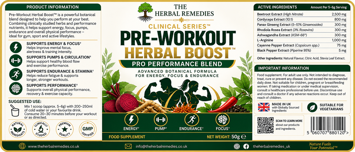 Pre-Workout Herbal Boost Pro Performance Blend label with ingredients and usage information