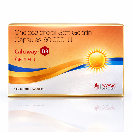 Box of Cholecalciferol Soft Gelatin Capsules 60,000 IU by Calciway D3 on a white background