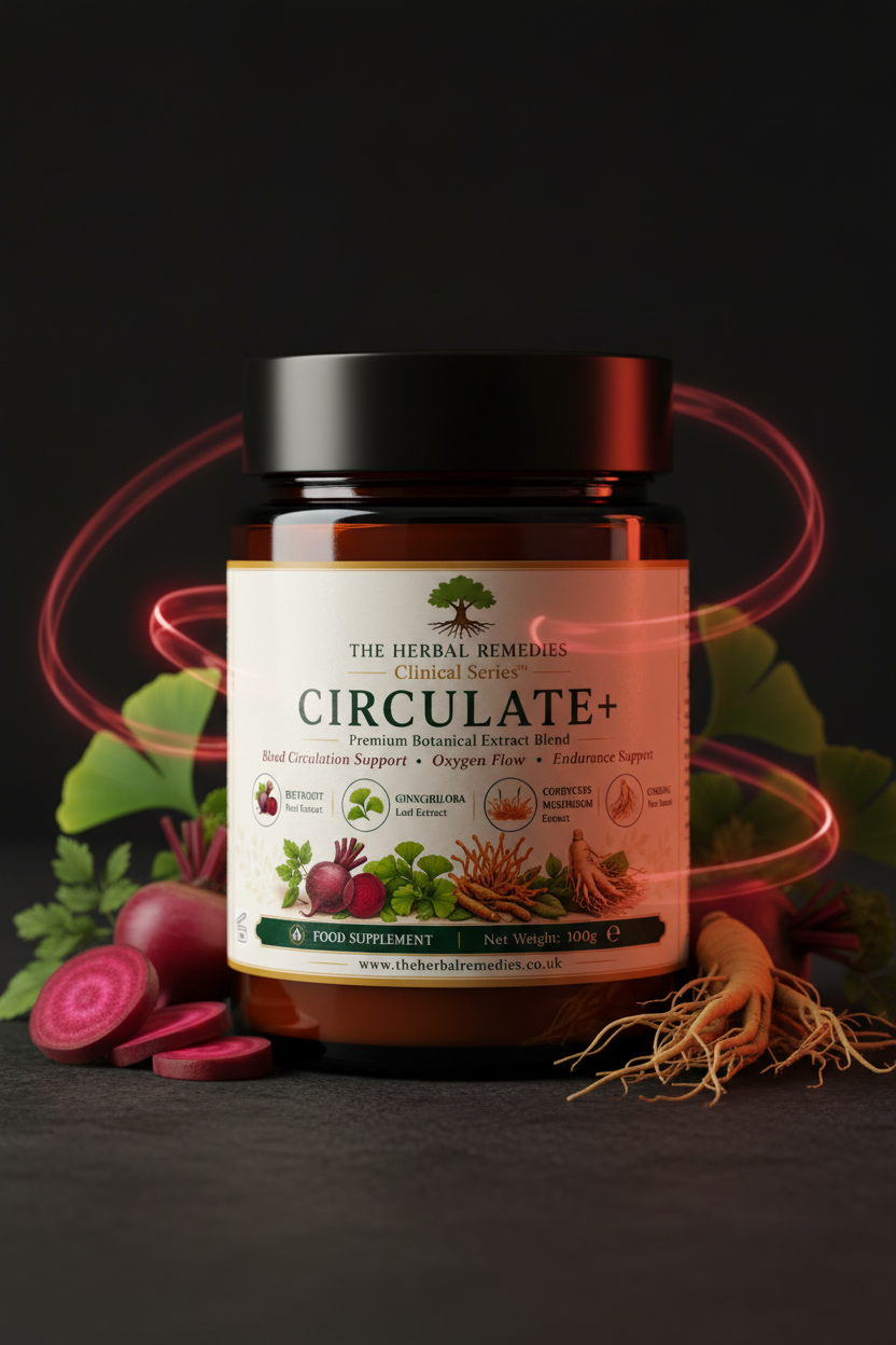 Circulate+ herbal blend with beetroot, ginkgo and cordyceps designed to support circulation, oxygen flow and vascular wellness.
