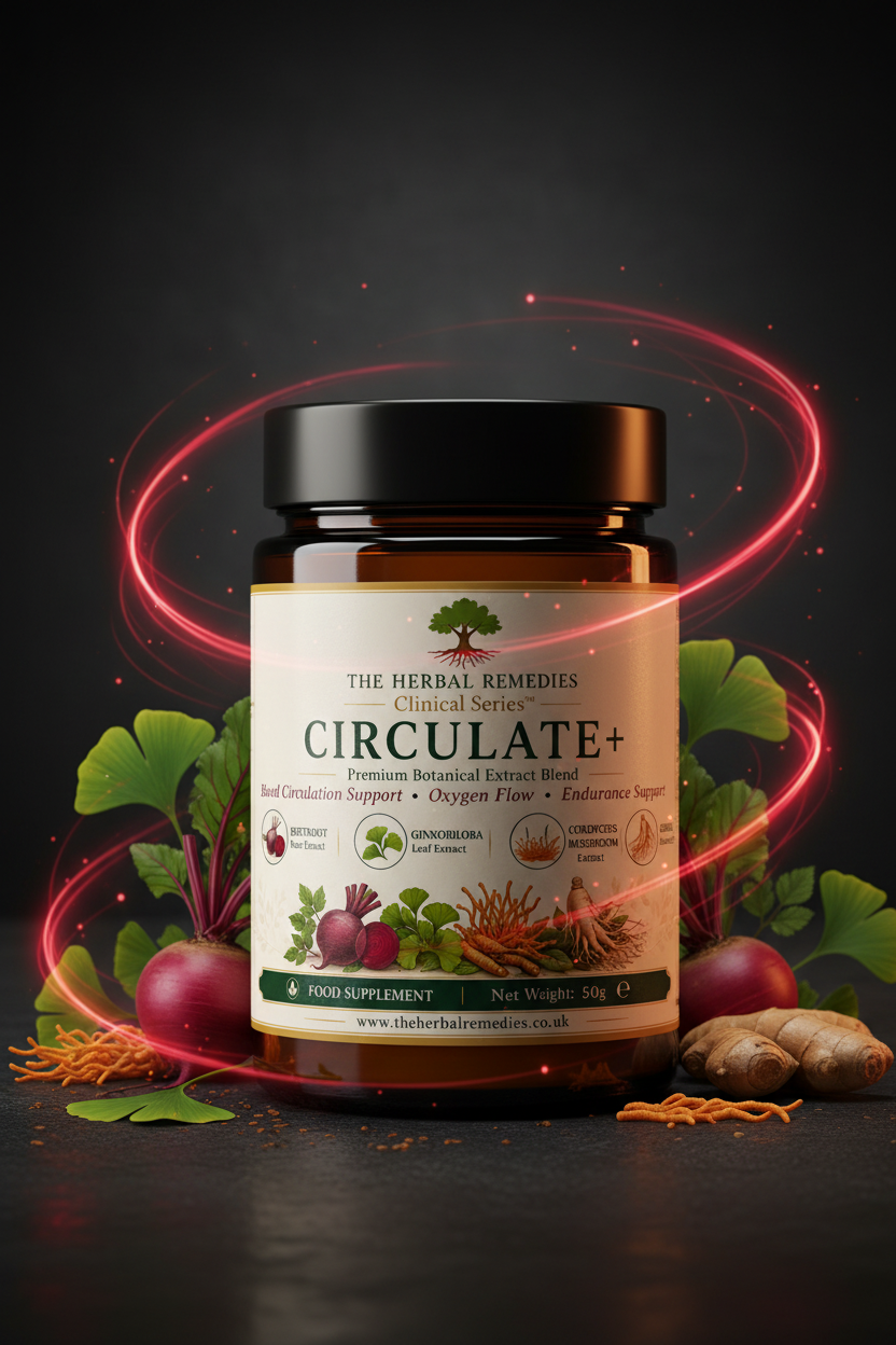 Circulate+ herbal blend with beetroot, ginkgo and cordyceps designed to support circulation, oxygen flow and vascular wellness.