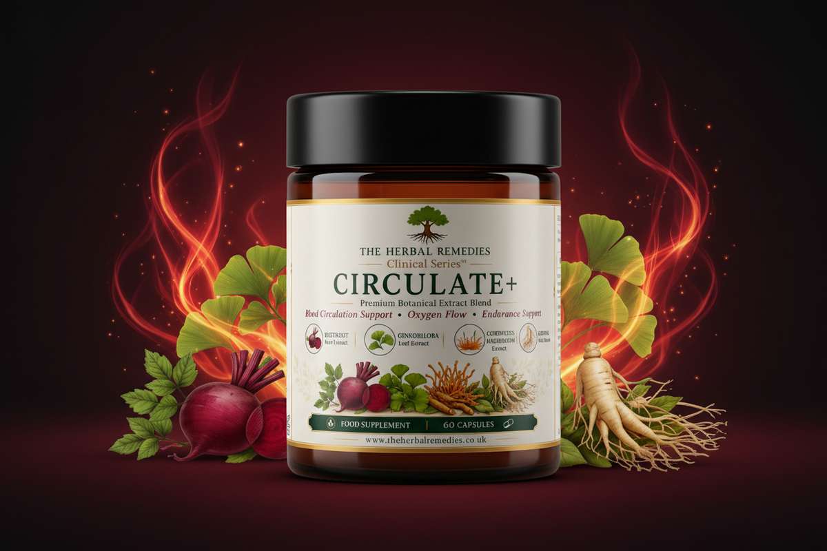 Circulate+ herbal blend with beetroot, ginkgo and cordyceps designed to support circulation, oxygen flow and vascular wellness.