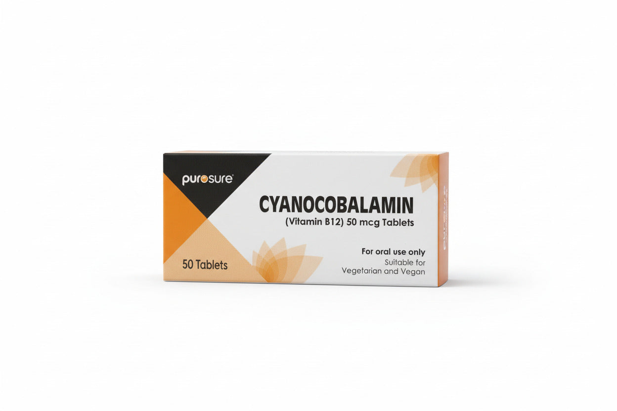 Box of Cyanocobalamin (Vitamin B12) tablets on a light surface