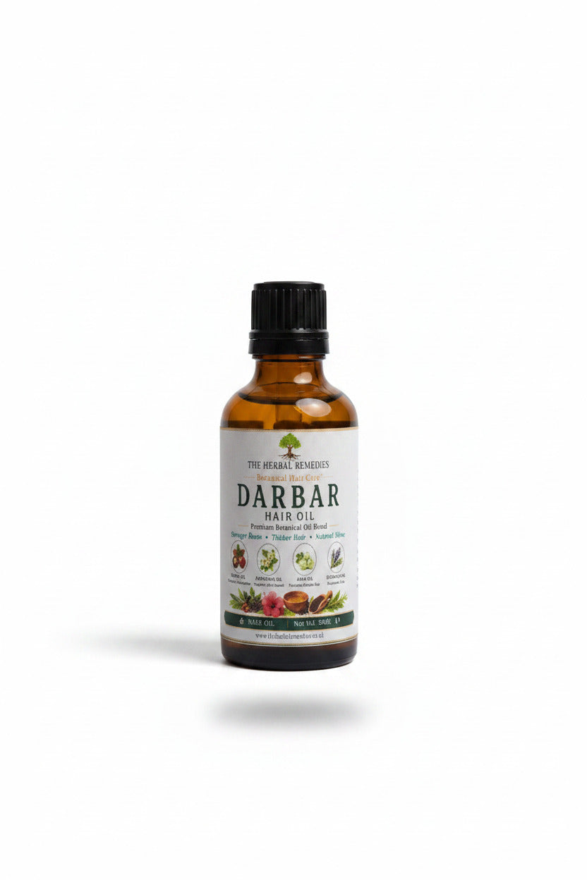 Bottle of Darbar Hair Oil on a table