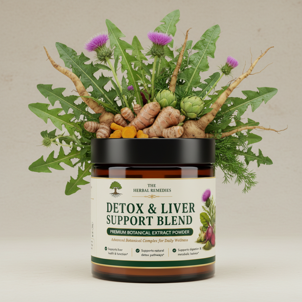 Detox & Liver Support Blend with milk thistle, turmeric and dandelion designed to support liver function, detox and internal balance.