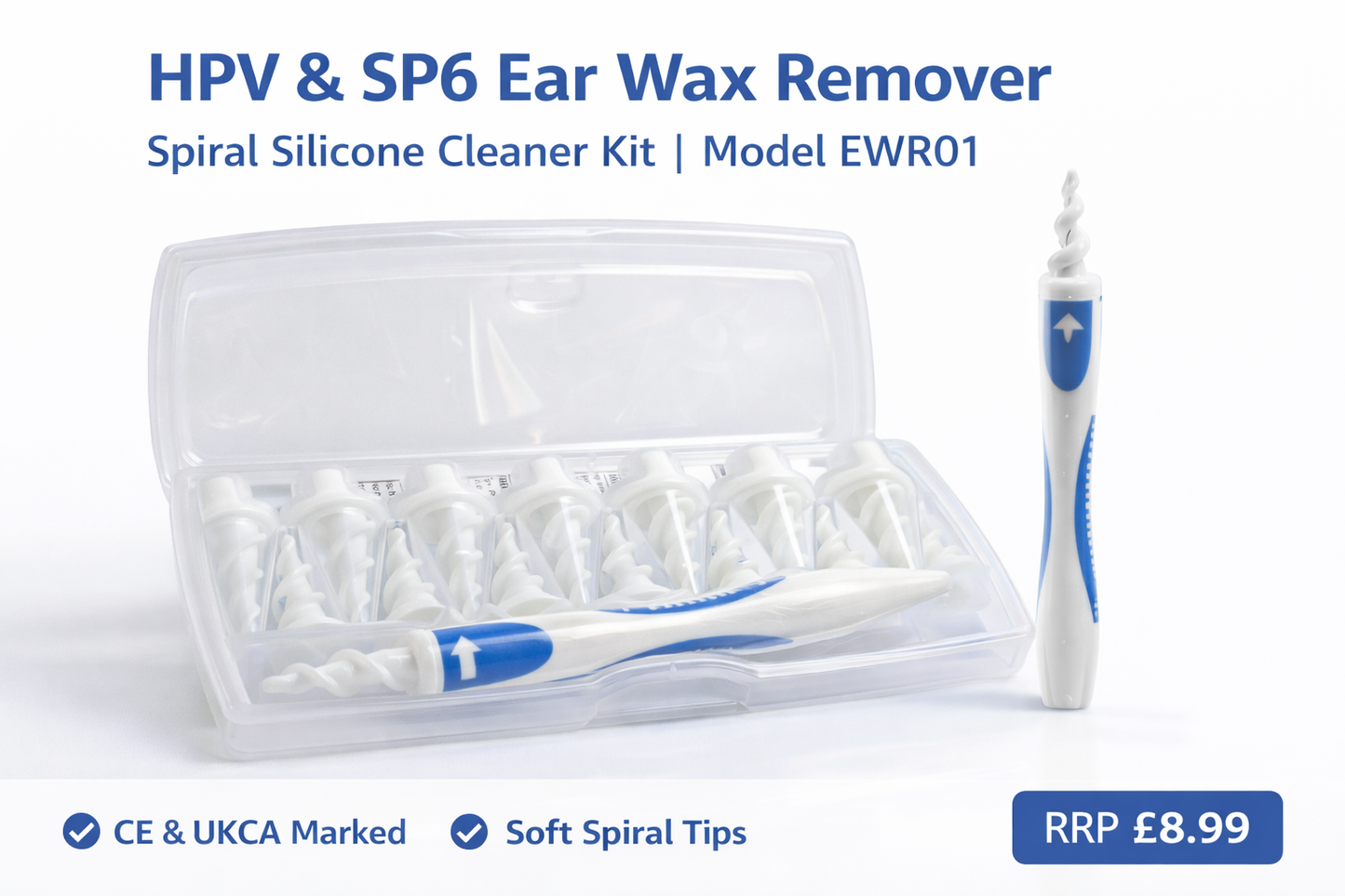 HPV & SP6 Ear Wax Remover with spiral silicone cleaner kit on a white background