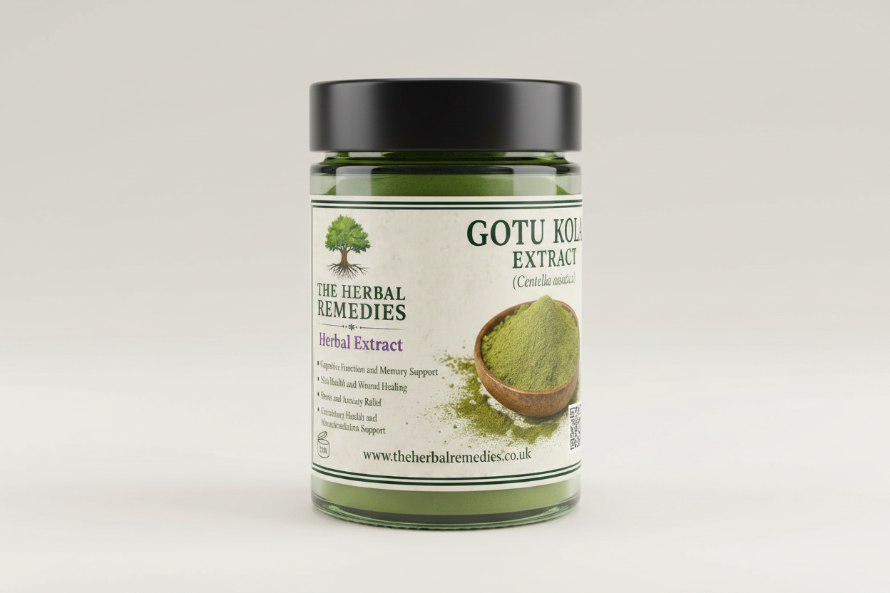 Advertisement for Gotu Kola Extract from The Herbal Remedies with a bowl of Gotu Kola leaves.