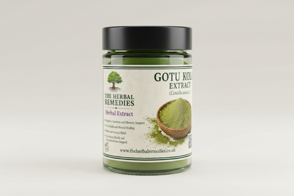 Advertisement for Gotu Kola Extract from The Herbal Remedies with a bowl of Gotu Kola leaves.