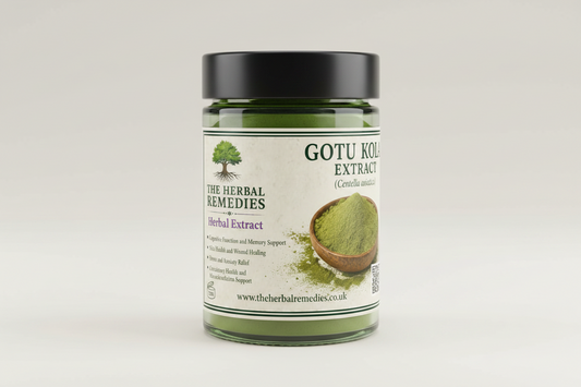 Advertisement for Gotu Kola Extract from The Herbal Remedies with a bowl of Gotu Kola leaves.