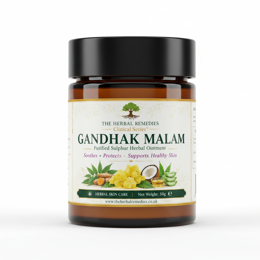 A rectangular product label for The Herbal Remedies Ghandhak Malai Purified Sulphur Herbal Ointment, featuring a white background with green, yellow, and orange illustrations of fruits and leaves, along with product details, usage, and storage instructions.