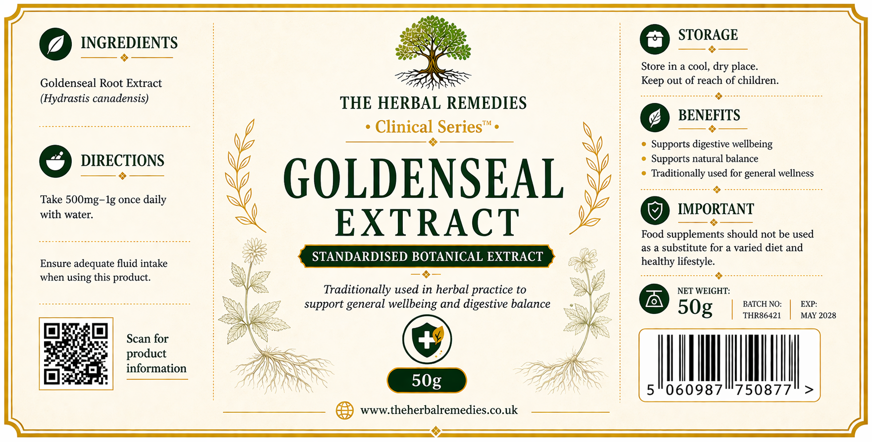 Label of Goldenseal Extract from The Herbal Remedies Clinical Series with ingredients, directions, storage, and benefits information.