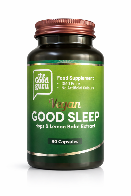 Vegan Good Sleep supplement bottle by The Good Guru on a white background