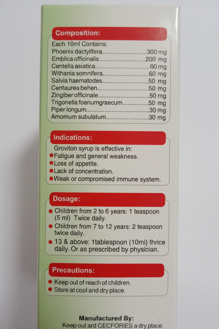 Supplement bottle label with ingredients, indications, and usage instructions.