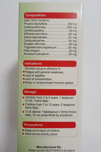 Supplement bottle label with ingredients, indications, and usage instructions.