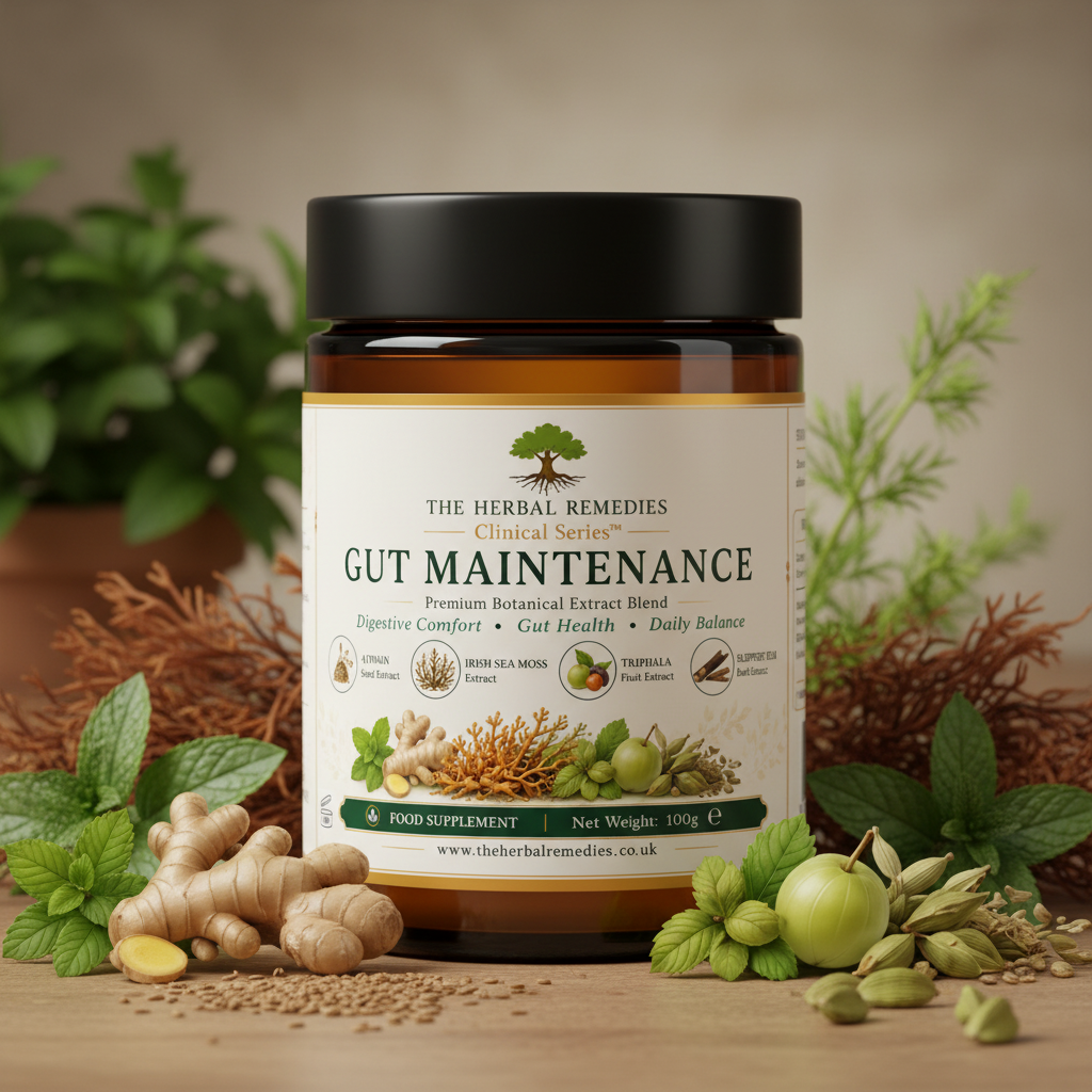 Gut Maintenance herbal blend with triphala, peppermint and slippery elm designed to support digestion, reduce bloating and maintain gut balance.