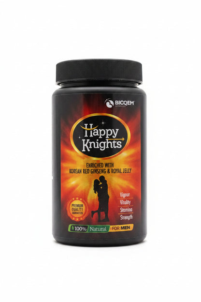 A jar of BICOEM Happy Knights dietary supplement, featuring a black lid and a label with fiery orange, red, and yellow graphics, containing Korean Red Ginseng and Royal Jelly.