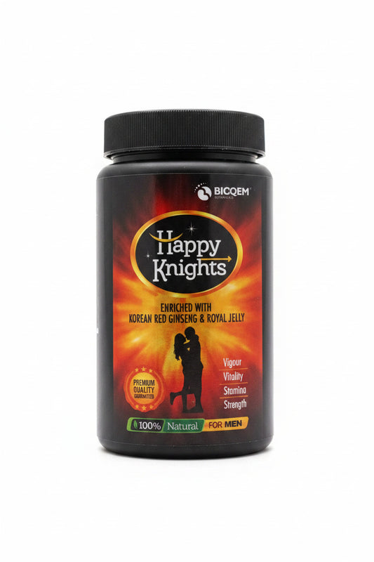 A jar of BICOEM Happy Knights dietary supplement, featuring a black lid and a label with fiery orange, red, and yellow graphics, containing Korean Red Ginseng and Royal Jelly.