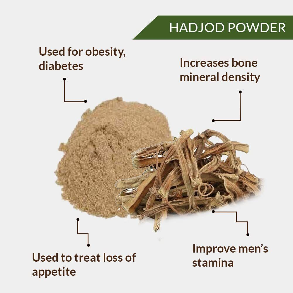 Hadjod powder with its uses labeled on a white background
