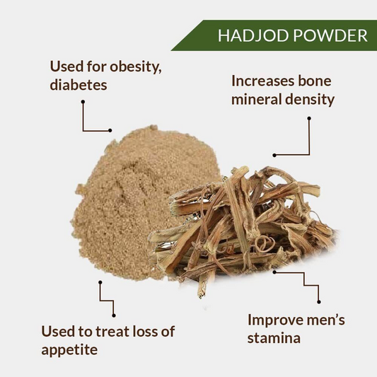 Hadjod powder with its uses labeled on a white background