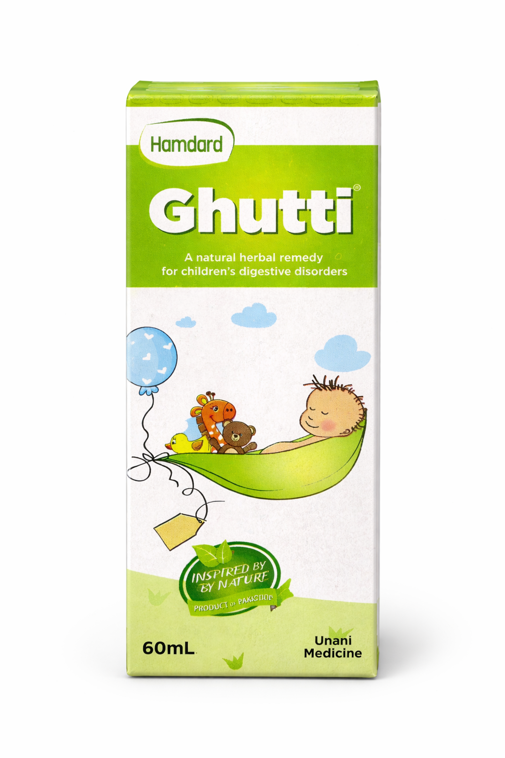 Hamdard Ghutti packaging for children's digestive disorders on a white background