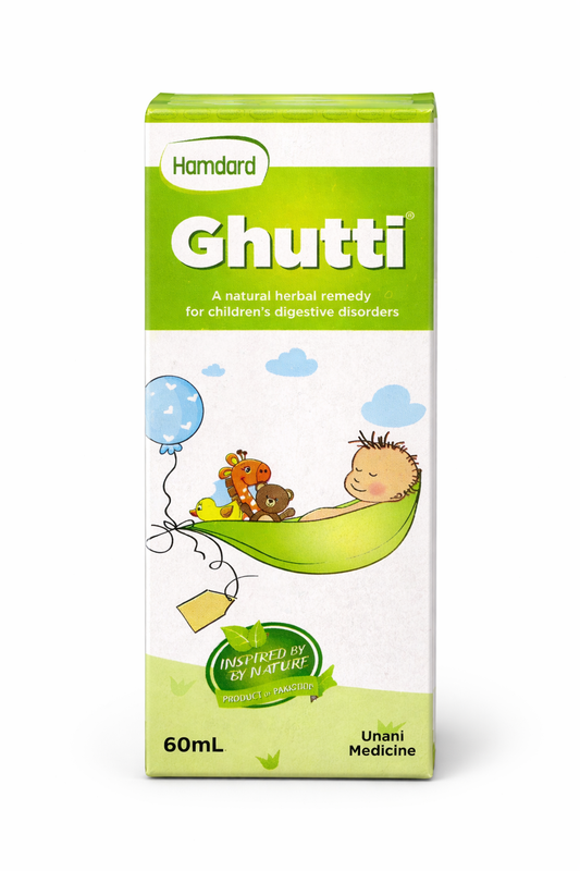 Hamdard Ghutti packaging for children's digestive disorders on a white background